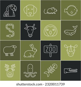 Set line Crocodile, Rhinoceros, Whale, Rat, Cow head, Worm, Macaw parrot and Owl bird icon. Vector