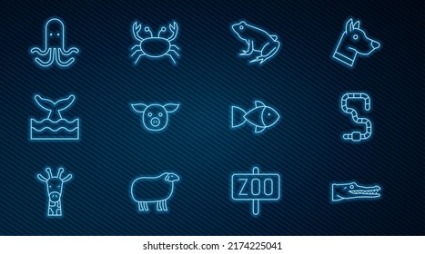 Set line Crocodile, Worm, Frog, Pig, Whale tail in ocean wave, Octopus, Fish and Crab icon. Vector