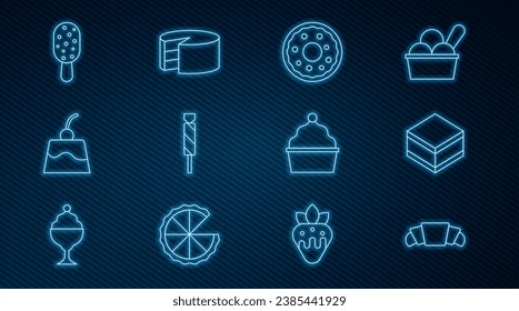 Set line Croissant, Brownie chocolate cake, Donut, Candy, Pudding custard, Ice cream, Cake and  icon. Vector