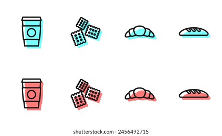 Set line Croissant, Coffee cup to go, Cracker biscuit and Bread loaf icon. Vector