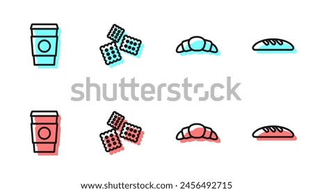 Set line Croissant, Coffee cup to go, Cracker biscuit and Bread loaf icon. Vector