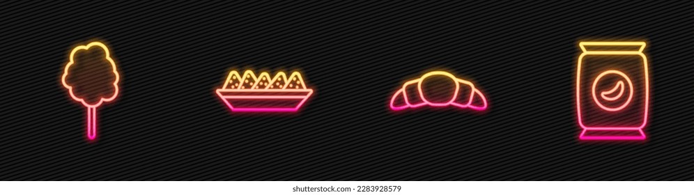 Set line Croissant, Cotton candy, Nachos in plate and Bag or packet potato chips. Glowing neon icon. Vector