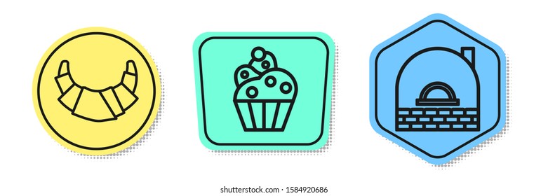 Set line Croissant , Cupcake  and Brick stove . Colored shapes. Vector