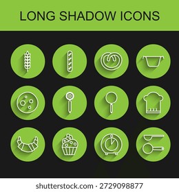 Set line Croissant, Cupcake, Cereals with rice, wheat, corn, oats, rye, Kitchen timer, Measuring spoon, Strainer, Chef hat and Frying pan icon. Vector