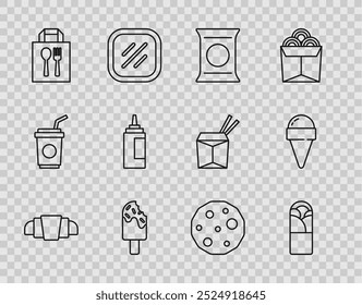 Set line Croissant, Doner kebab, chips de papa de bolsa o paquete, helado, pedidos en línea y entrega, botella de salsa, galleta de galletas y cono de waffle icono. Vector