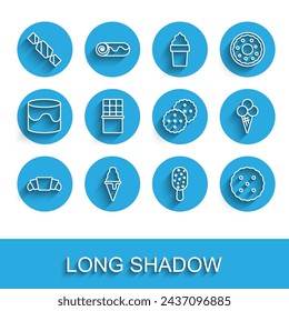 Set line Croissant, Ice cream in waffle cone, Candy, Cookie or biscuit, Chocolate bar,  and  icon. Vector