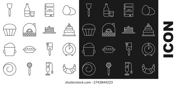 Set line Croissant, Kitchen timer, Cake, Cookbook, Brick stove, Muffin, Spatula and Stack of pancakes icon. Vector