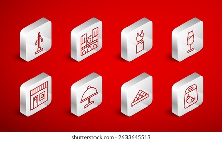 Set line Croissant package, Notre Dame, Woman dress, Wine glass, Louvre museum, Street light, Covered with tray and Coffee shop icon. Vector