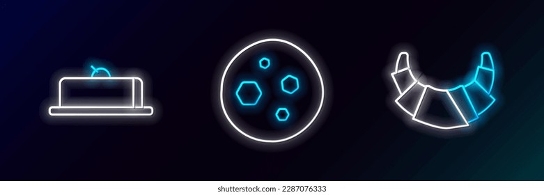 Set line Croissant, Strawberry cheesecake slice and Cookie or biscuit with chocolate icon. Glowing neon. Vector