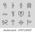 Set line Crook and flail, Flag Of Egypt, mummy, Egyptian fan, Nefertiti, lotus, Scarab and Obelisk of Alexandria icon. Vector