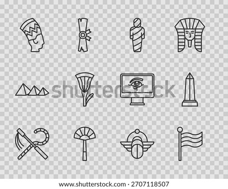Set line Crook and flail, Flag Of Egypt, mummy, Egyptian fan, Nefertiti, lotus, Scarab and Obelisk of Alexandria icon. Vector