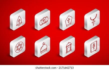 Set line Cross ankh book, Easter egg, Pope hat, Christian cross on chain, Muslim Mosque, Church bell,  and Star of David icon. Vector
