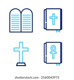 Set line Cross ankh book, Christian cross, Holy bible and The commandments icon. Vector