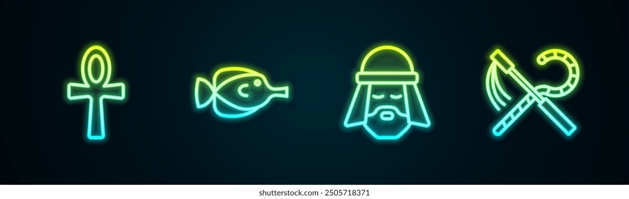 Set line Cross ankh, Butterfly fish, Egyptian man and Crook and flail. Glowing neon icon. Vector