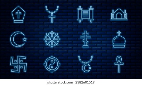 Set line Cross ankh, Church tower, Decree, paper, parchment, scroll, Dharma wheel, Star and crescent, Pope hat, Christian cross and on chain icon. Vector