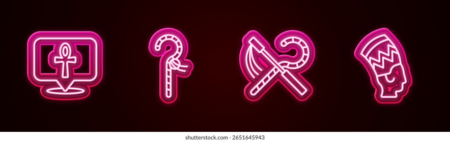 Set line Cross ankh, Crook, and flail and Nefertiti. Glowing neon icon. Vector