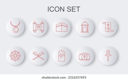 Set line Cross ankh, Dharma wheel, Kaaba mosque, Easter egg, Star and crescent on chain, Decree, paper, parchment, scroll, Holy book of Koran and cake icon. Vector