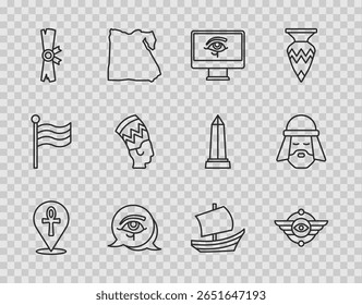 Linha Crossankh, Símbolo egípcio Sol alado, Olho de Hórus no monitor, Rolo de Papiro, Nefertiti, navio e ícone do homem. Vetor
