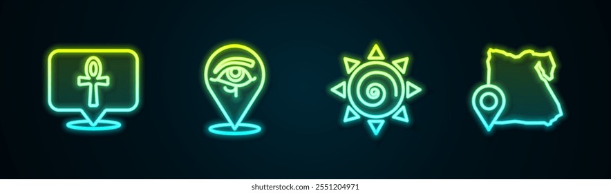 Set line Cross ankh, Eye of Horus, Sun and Map Egypt. Glowing neon icon. Vector