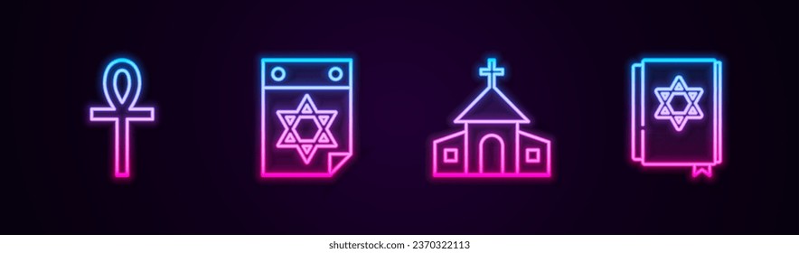 Set line Cross ankh, Jewish calendar, Church building and torah book. Glowing neon icon. Vector