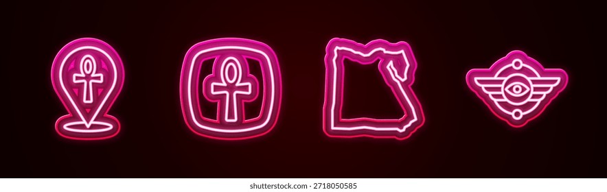 Set line Cross ankh, Map of Egypt and Egyptian symbol Winged sun. Glowing neon icon. Vector
