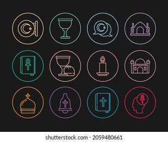 Set line Cross ankh, Muslim Mosque, Star and crescent, Holy grail or chalice, book, Burning candle and  icon. Vector