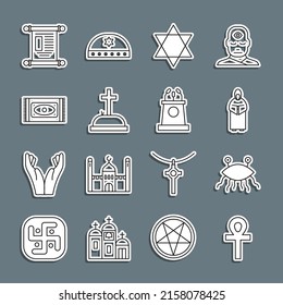 Set line Cross ankh, Pastafarianism, Monk, Star of David, Tombstone with cross, Traditional carpet, Decree, paper, parchment, scroll and Stage stand or tribune icon. Vector