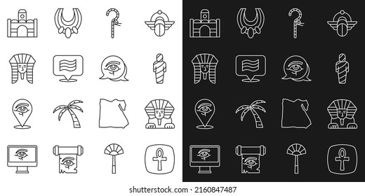 Set line Cross ankh, Sphinx, Egypt mummy, Crook, Flag Of, Egyptian pharaoh, house and Eye of Horus icon. Vector