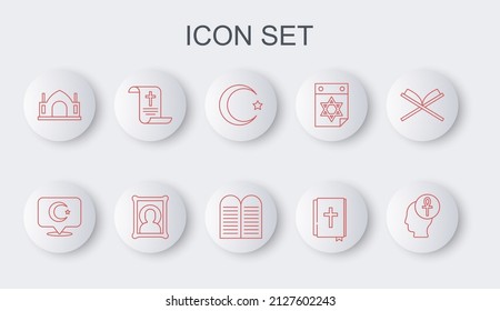 Set line Cross ankh, Star and crescent, Holy bible book, Hindu spiritual temple, Decree, paper, parchment, scroll, Christian icon and The commandments icon. Vector