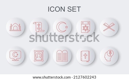 Set line Cross ankh, Star and crescent, Holy bible book, Hindu spiritual temple, Decree, paper, parchment, scroll, Christian icon and The commandments icon. Vector