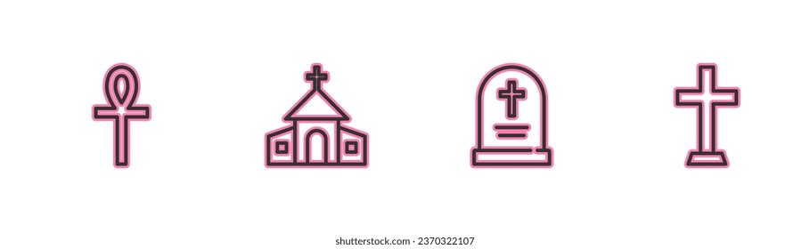 Set line Cross ankh, Tombstone with cross, Church building and Christian icon. Vector