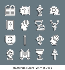 Set line Cross ankh, Yin Yang, Christian cross on chain, Holy bible book, The commandments and grail or chalice icon. Vector