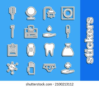 Set Line Cross Hospital Medical, Garbage Bag, Sanitary Tampon, Shower Head, Wet Wipe Pack, Toothbrush, Hairbrush And Washing Hands With Soap Icon. Vector