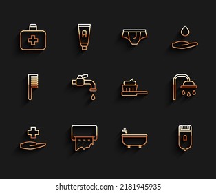 Set line Cross hospital medical, Paper towel dispenser on wall, First aid kit, Bathtub, Electrical hair clipper or shaver, Water tap, Shower head and Toothbrush with toothpaste icon. Vector