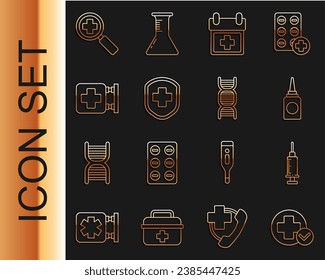 Set line Cross hospital medical, Syringe, Bottle nasal spray, Doctor appointment, Medical shield with cross, Hospital signboard, Magnifying glass for search and DNA symbol icon. Vector