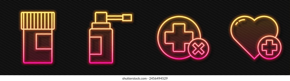 Set line Cross hospital medical, Medicine bottle, Medical bottle with nozzle spray and Heart with a cross. Glowing neon icon. Vector