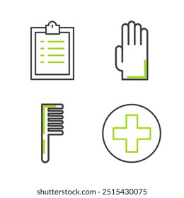 Set line Cross hospital medical, Hairbrush, Rubber gloves and Clipboard with checklist icon. Vector