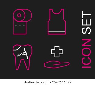 Set line Cross hospital medical, Broken tooth, Sleeveless T-shirt and Toilet paper roll icon. Vector