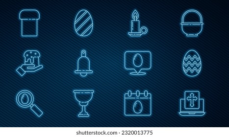 Set line Cross on the laptop screen, Easter egg, Burning candle in candlestick, Ringing bell, Human hand easter cake, Speech bubble with and  icon. Vector