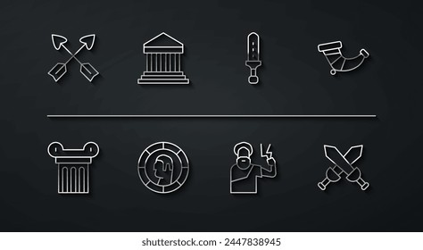 Set line Crossed arrows, Ancient column, Hunting horn, Zeus, Greek coin, Parthenon, medieval sword and Medieval icon. Vector