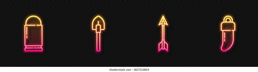 Define la línea flechas cruzadas, bala, pala y diente. Icono de neón brillante. Vector