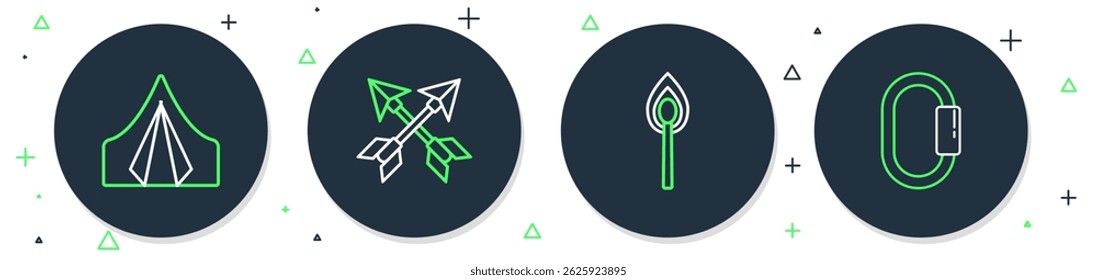 Set line Crossed arrows, Burning match with fire, Tourist tent and Carabiner icon. Vector