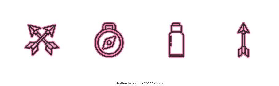 Set line Crossed arrows, Canteen water bottle, Compass and Hipster icon. Vector