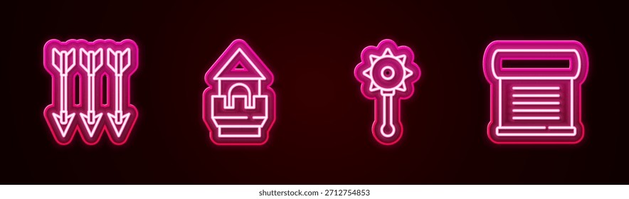 Set line Flechas cruzadas, torre del castillo, bola de maza encadenada medieval y decreto, pergamino, pergamino. Icono de neón brillante. Vector