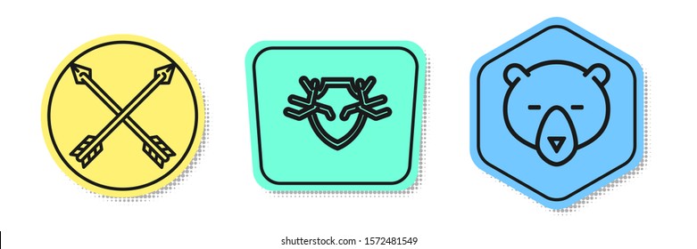 Set line Crossed arrows, Deer antlers on shield and Bear head. Colored shapes. Vector