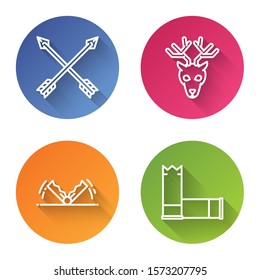 Set line Crossed arrows, Deer head with antlers, Trap hunting and Cartridges. Color circle button. Vector