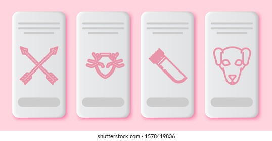 Set line Crossed arrows, Deer antlers on shield, Quiver with arrows and Hunting dog. White rectangle button. Vector