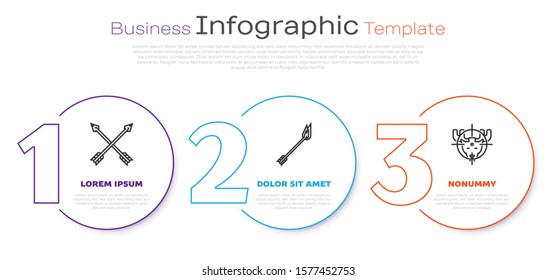 Set line Crossed arrows, Flame arrow and Hunt on moose with crosshairs. Business infographic template. Vector