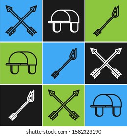 Set line Crossed arrows, Flame arrow and Hunter hat icon. Vector