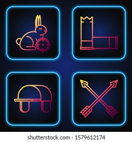 Set line Crossed arrows, Hunter hat, Hunt on rabbit with crosshairs and Cartridges. Gradient color icons. Vector